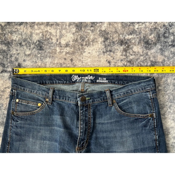 Wrangler Retro Jeans Mens fits 38x31 Blue Slim Straight Whiskered 5 Pocket - Picture 8 of 10
